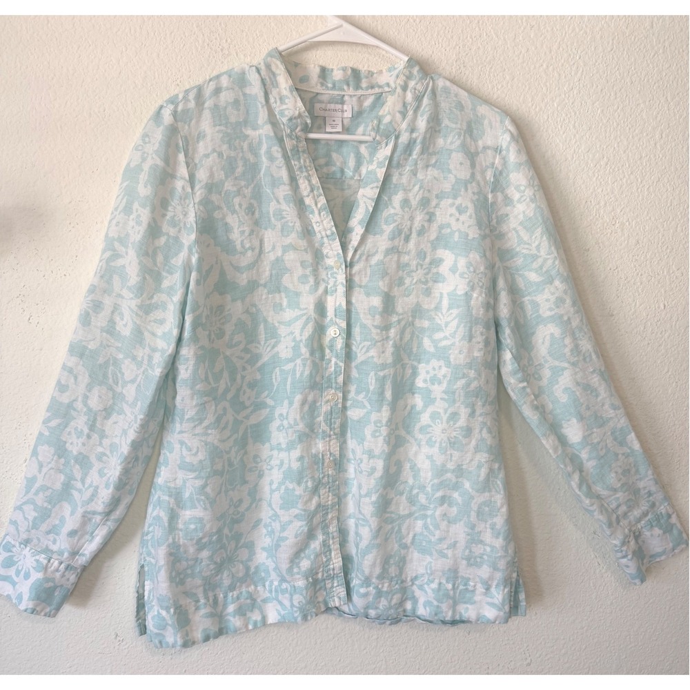 Womens Linen Beach Cruise Resort Top Size 16 Blue Floral Long Sleeve Shirt